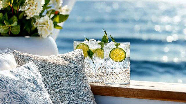 Refreshing lime cocktails on a sunlit yacht deck by the ocean