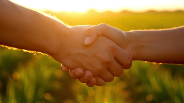Two people shaking hands at sunset over green agricultural field symbolizing farming partnership and trust