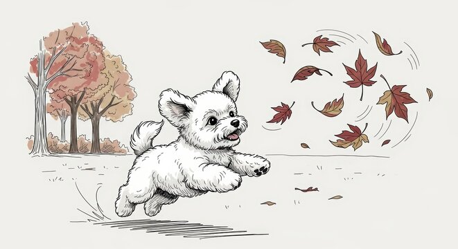 Joyful puppy leaping through autumn leaves in playful fall scene