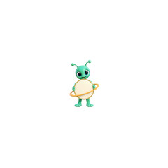Obraz premium Cute cartoon alien character holding a blank circular sign with planet rings.