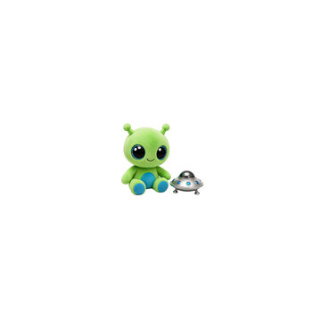 A cute green plush alien toy sitting next to a small metallic flying saucer on a white background.