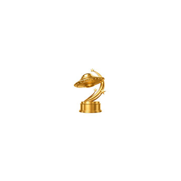 A golden trophy shaped like a flying saucer isolated on a white background.