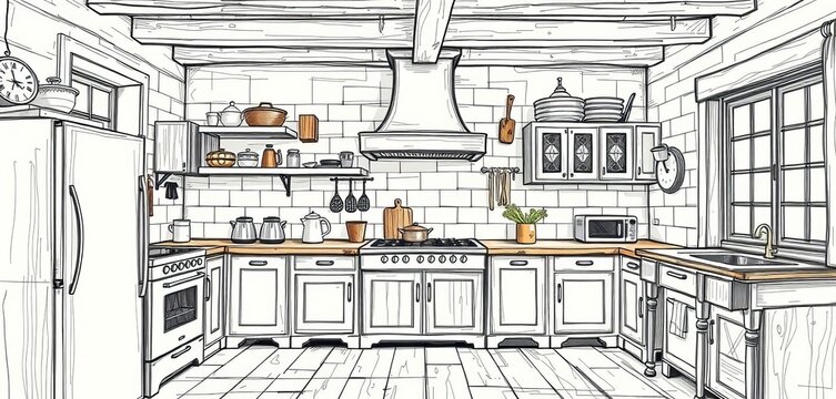 Rustic kitchen sketch, charmingly imperfect lines, vintage style appliances,  vector,  country