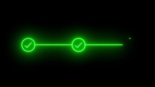 Green Neon 3 step infographic process with check mark icon. Infographic step by step process icon animation on black background, step process success with check marks. Step-by-Step Guide.4k 