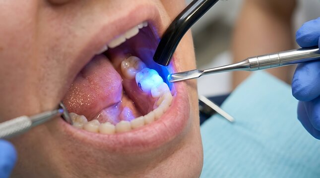 Dentist using composite resin with uv light curing tool for dental filling