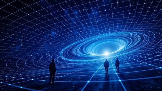 Three figures in front of a glowing spiral grid