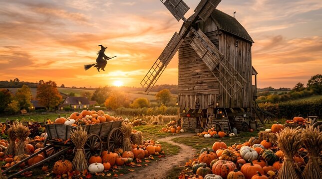 Halloween witch flying over pumpkin patch at sunset, rustic wooden windmill in autumn landscape, spooky harvest season background with pumpkins