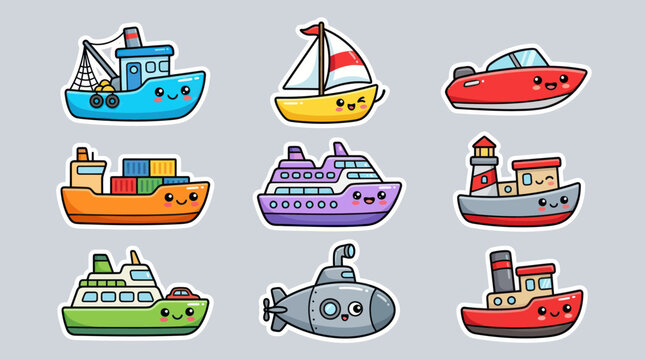 Collection of cute cartoon boats and ships