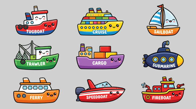 Collection of cute cartoon watercraft