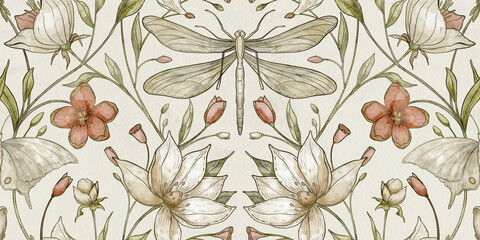 Dragonfly seamless pattern with magnolia flowers and botanical foliage on warm ivory background. Watercolor ornamental repeat for wallpaper, fabric and surface design in vintage style. © Alisles
