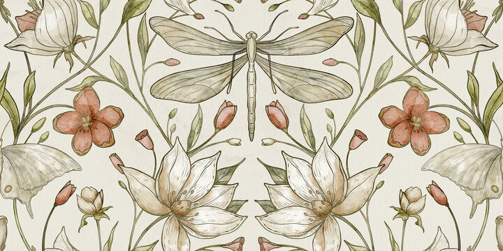 Dragonfly seamless pattern with magnolia flowers and botanical foliage on warm ivory background. Watercolor ornamental repeat for wallpaper, fabric and surface design in vintage style.