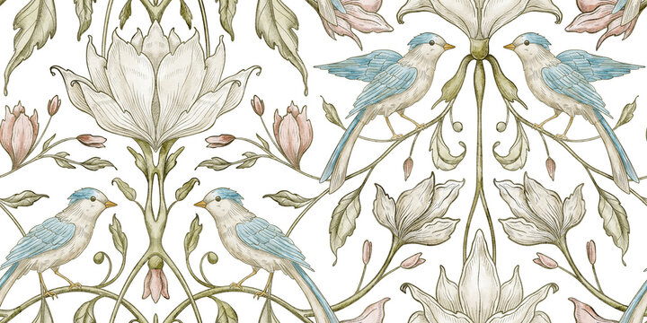 Blue bird seamless pattern with botanical flowers and ornamental foliage. Watercolor repeat in Arts and Crafts design for wallpaper, textile print and surface design. Floral background for bed linen.