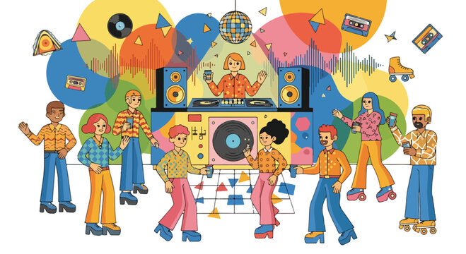 A colorful illustration of people partying with music and disco elements
