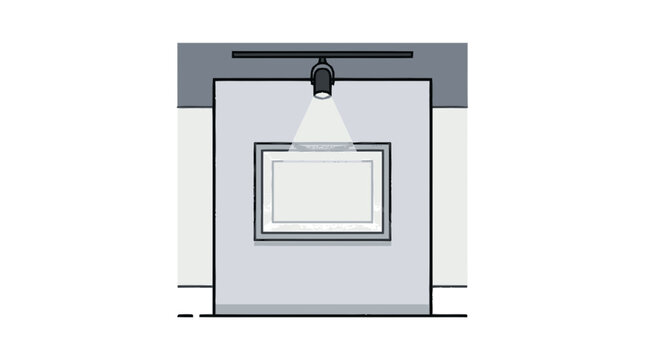 Art gallery display with spotlight illuminating a blank framed picture on a light gray wall.
