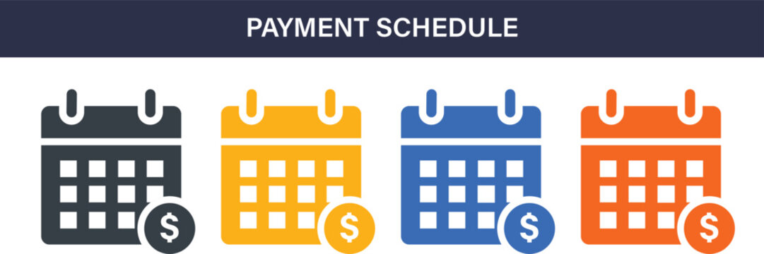 Payment Schedule solid icon set. Calendar, billing, invoice, due date, recurring payment, subscription and finance vector icons.