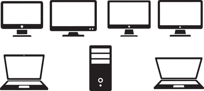 Computer hardware icons, desktop monitor and laptop vector set isolated on Transparent Background