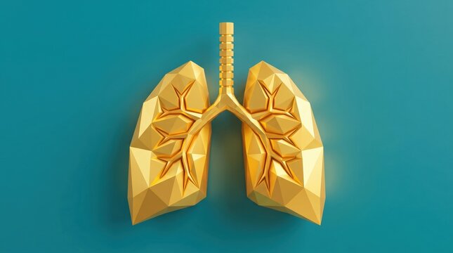 3d render of human lungs with a lowpoly geometric design in gold on a teal background