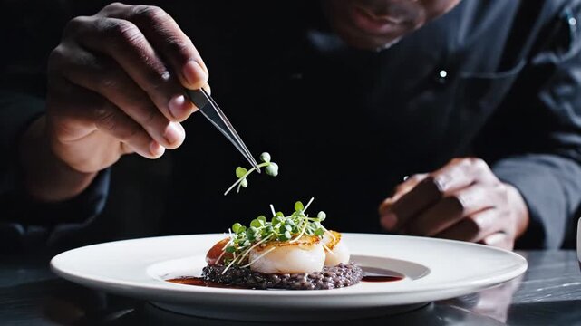 Professional chef plating gourmet scallops dish with precision tweezers