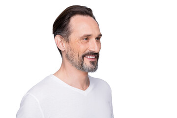 Fototapeta premium Closeup profile photo of handsome aged man good mood beaming smile enjoy mature appearance look younger his years wear white t-shirt isolated grey color background