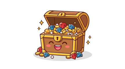 Cute Treasure Chest Overflowing with Jewels and Gold Coins, Cartoon Style © Free vector