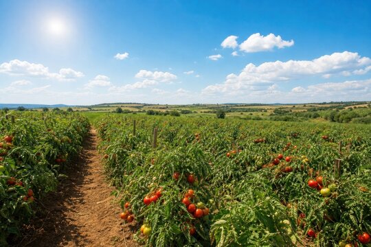 Ripe red tomatoes growing on green plants in agricultural field under bright sunny sky, organic farming concept in countryside landscape