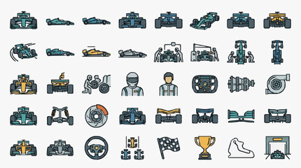 Naklejka premium Elegant Collection of Minimalist Racing Car Icons and Motorsport Elements in Teal Gray and Gold