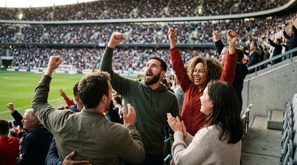 Fototapeta premium Excited spectators cheering at a crowded sports stadium event with raised fists