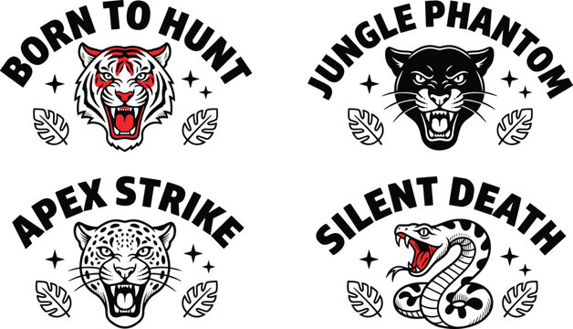 Collection of four vintage style animal head emblems featuring a tiger, panther, leopard, and snake with jungle leaves and bold typography text