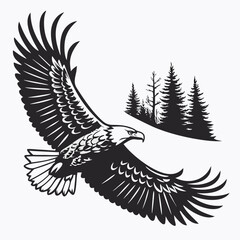 Fototapeta premium Bald eagle flying over dense pine forest silhouette vector graphic illustration with silhouette predator wildlife monochrome isolated outdoors
