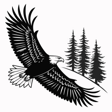 Black and white bald eagle soaring above pine forest trees silhouette illustration with t shirt wildlife silhouette predator american monochrome