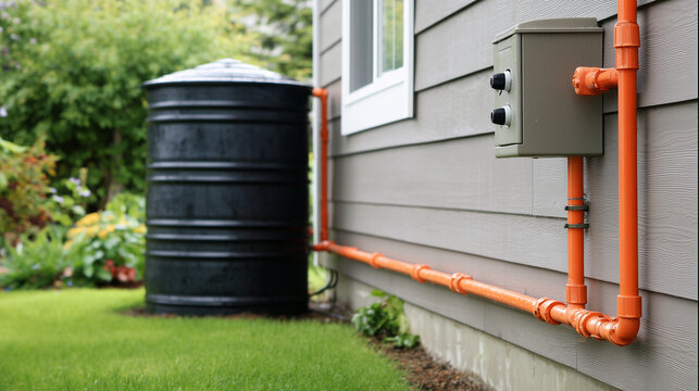 Black plastic rainwater harvesting tank installed on a green lawn next to a residential house wall with orange pipes and filter system.