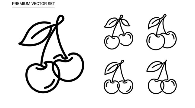 A set of line art cherries with leaves are depicted in various views