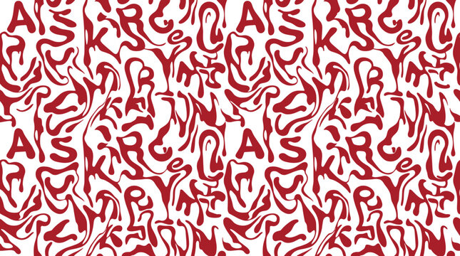 Seamless pattern featuring distorted red lettering and liquid melted typography on a clean white background
