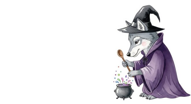 Enchanting halloween scene with wolf witch brewing magic potion