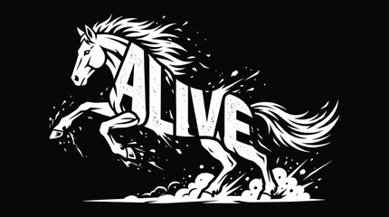 Bold of a running horse with the word alive integrated into its body silhouette on a solid black background © MD