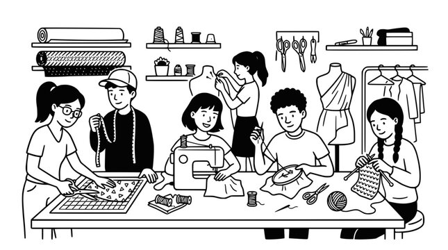 Diverse group of children learning sewing, knitting, and tailoring in a creative workshop.