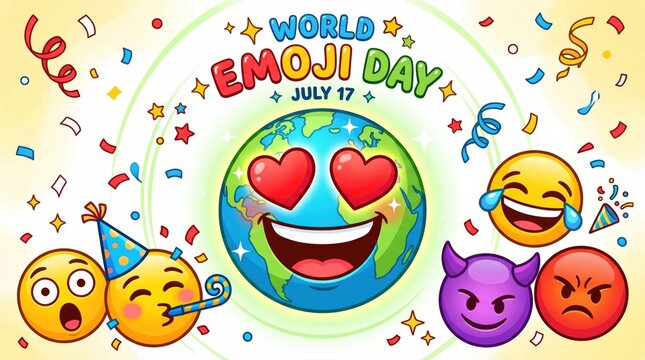 World emoji day celebration illustration with planet earth and various emoji faces