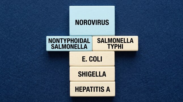 Wooden blocks with names of foodborne pathogens on a blue background