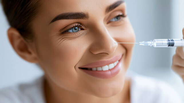 Close-up of a cosmetic injection with a syringe and needle for dermal filler, wrinkle reduction and facial rejuvenation concept, defocused, with copy space