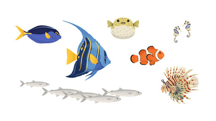 Colorful cartoon fish swimming near coral and tropical ocean background Vector © MSTSHORIFA