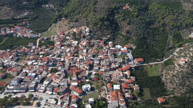 Aerial view of the downtown above the city Argos in Greece. On a sunny morning in autumn. 