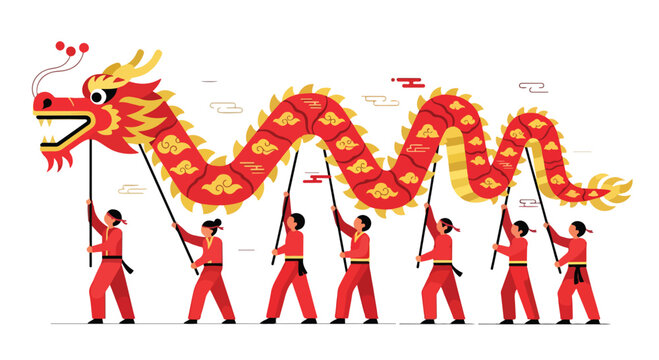 A dragon dance performance with a large red dragon and dancers