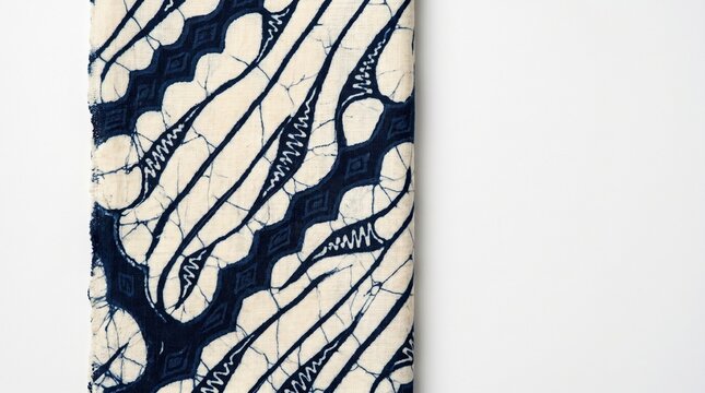 Authentic Indonesian Batik Fabric with Blue Parang Pattern Isolated on White Background, Elegant Traditional Textile for Fashion Design, Cultural Heritage and Craftmanship Concept.