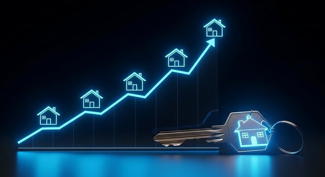 Housing market growth concept with glowing blue graph and house keys on table