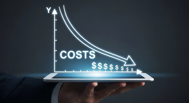 Businessman holding tablet with glowing cost graph on screen showing decreasing costs