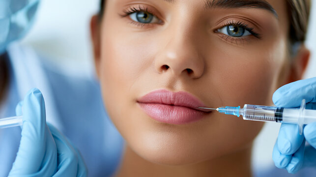 Close-up of a needle and syringe injecting lip filler into a woman's lip, popular dermal filler treatment concept, defocused, with copy space