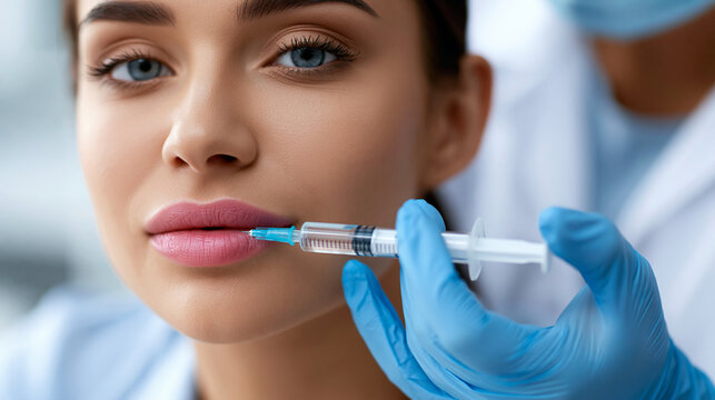 Close-up of a needle and syringe injecting lip filler into a woman's lip, popular dermal filler treatment concept, defocused, with copy space