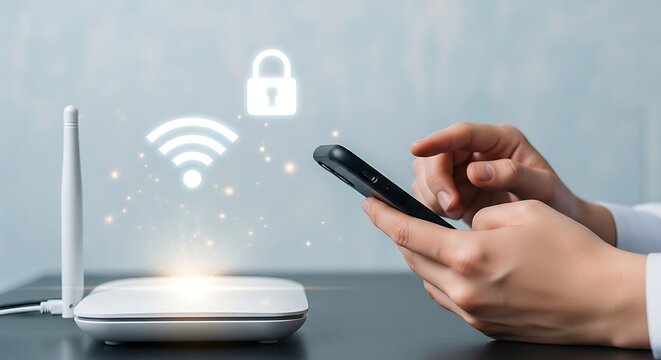 Hands holding a smartphone next to a wireless router with a lock and wifi symbol