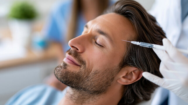 Anonymous young beautiful man receiving a botox injection for facelifting in a beauty clinic, male aesthetic medicine concept, faceless, defocused, with copy space