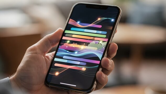 Closeup medium shot of a smartphone showing adaptive bitrate quality levels and network speed updates while the users surroundings remain softly blurred.